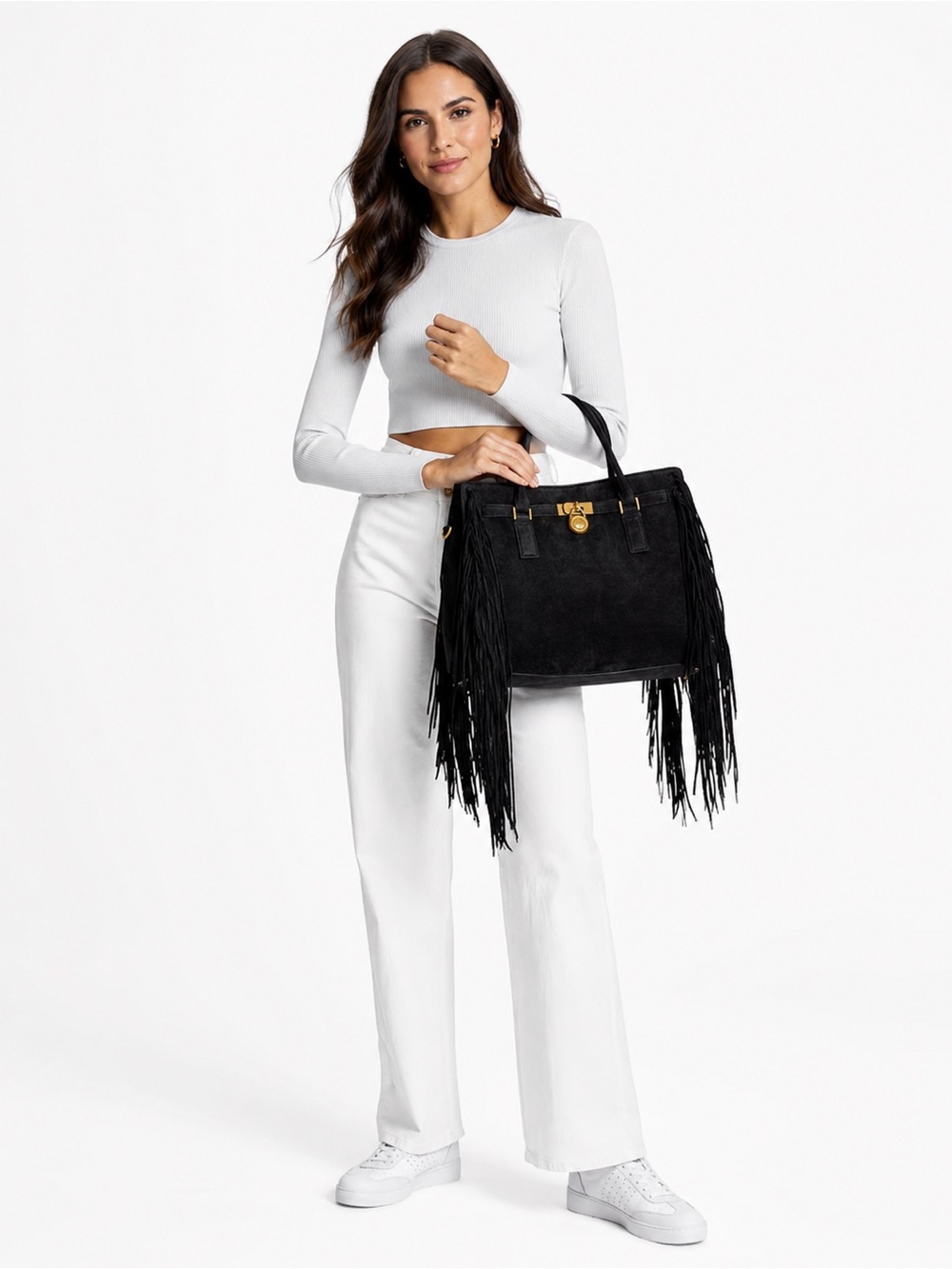 NWOT Michael Kors Hamilton Moderne Large Fringed Suede Satchel Black - Picture 7 of 10